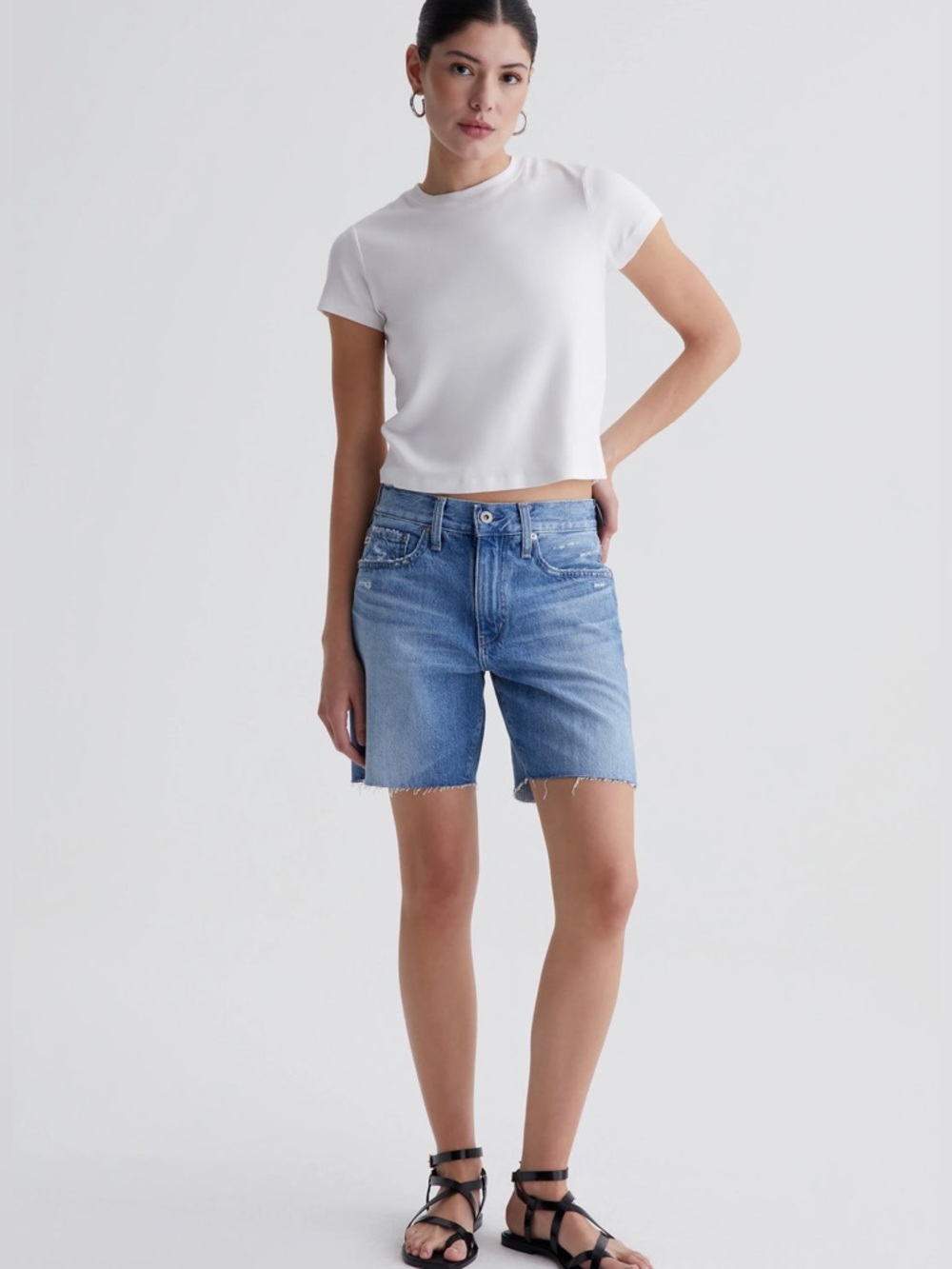 Ag Adriano Goldschmied Beryl Blue Ex Boyfriend Raw Hem 7" Denim Bermuda Shorts - Picture 3 of 12